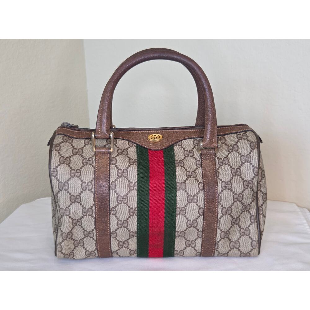 Gucci GG Supreme Boston Bag Web Stripe Brown Leather Satchel Ophidia Vintage
